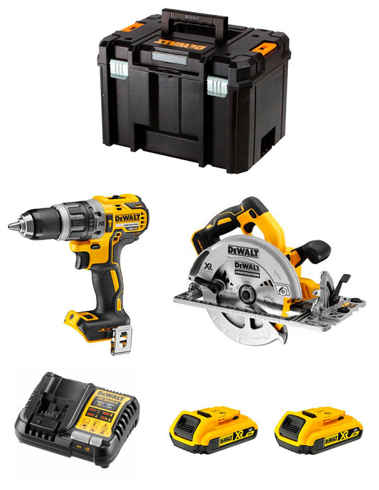 Kit Dewalt con Taladro percutor DCD796 + Sierra Circular DCS572 +  2bat 2Ah + Cargador + TSTAK VI DCK270D2