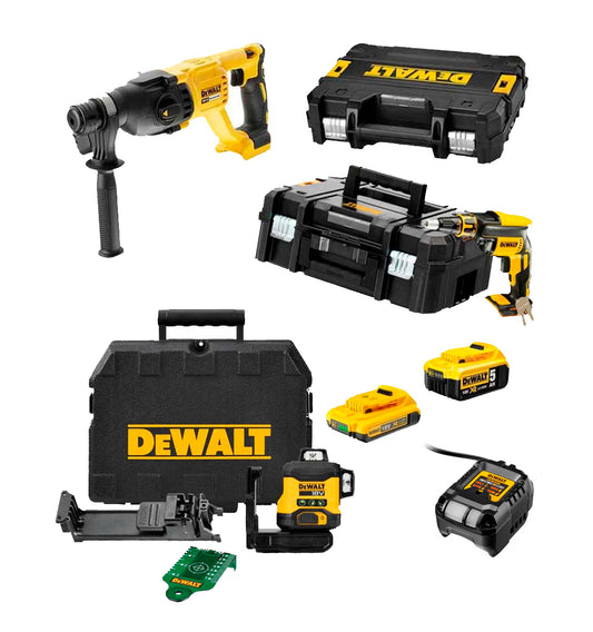 Mega gipspaneelcombinatie: DCF620 schroevendraaier + DCH133 hamer + DCLE34031N waterpas + 2 18V Dewalt-batterijen