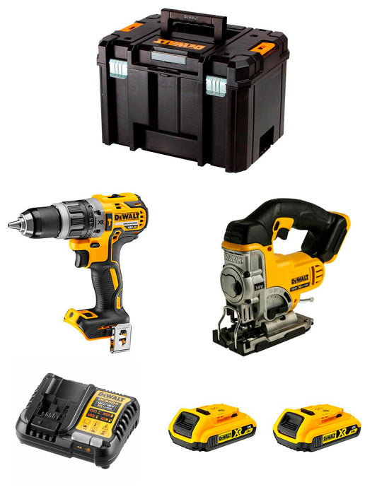 Kit Dewalt Taladro Percutor DCD796 + Sierra de Calar DCS331 + 2bat 2Ah + Cargador + TSTAK VI DCK234D2