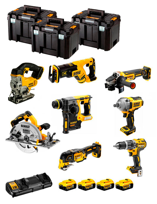 Set Dewalt 8 gereedschappen + 4bat 5Ah + Lader DCB132 + 3xTSTAK DCK867P4