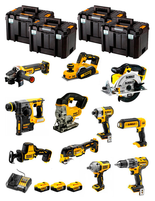 Dewalt Kit 11 gereedschap + 3bat 5Ah + DCB1104 Oplader + 4xTSTAK DCK111P3