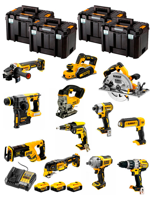 Dewalt Kit 12 gereedschappen + 3bat 5Ah + DCB1104 Oplader + 4xTSTAK DCK127P3
