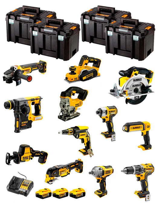 Dewalt Kit 12 gereedschappen + 3bat 5Ah + DCB1104 Oplader + 4xTSTAK DCK129P3