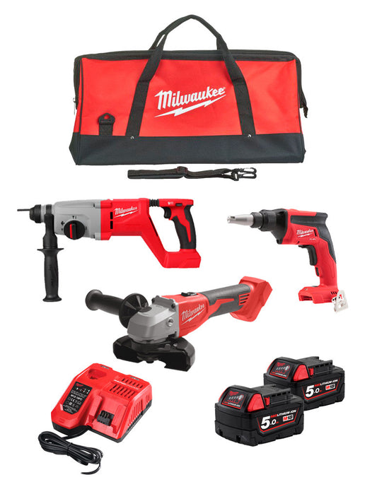 Kit gipsplaat 3 gereedschappen + 2bat 5Ah + lader + Milwaukee tas