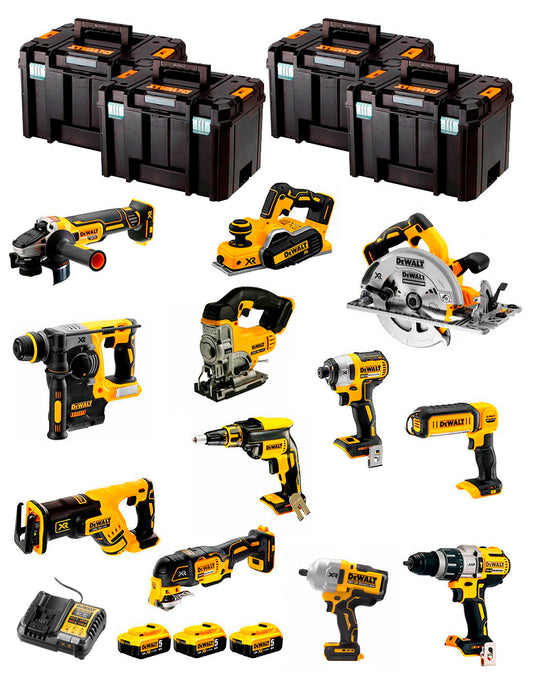 Dewalt Kit 12 gereedschappen + 3bat 5Ah + DCB1104 Oplader + 4xTSTAK DCK120P3