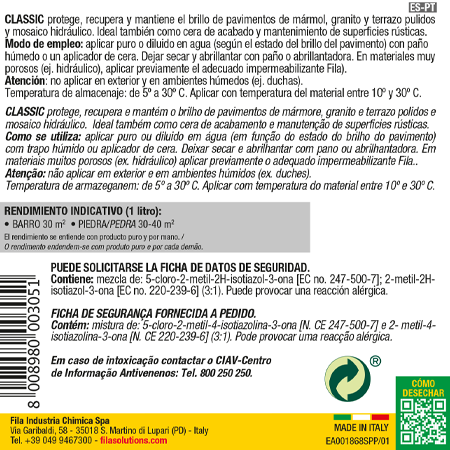 Fles vloeibare was voor klei, gepolijst marmer en gepolijste agglomeraten 1L Fila CLASSIC