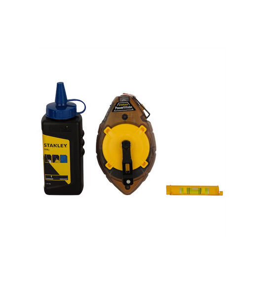 Powerwinder 30m Chalk Line Kit + Powder + Stanley 0-47-465 Level