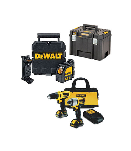 Dewalt Set: Schroefboormachine + Klopboormachine + Laser DW088K + Diepe koffer + 2 Accu's 1,3 AH
