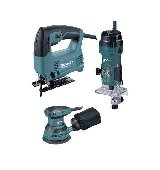 Makita MT power tools set: 450W jigsaw + 530W milling machine + 230W Rotorbital sander PRK00185