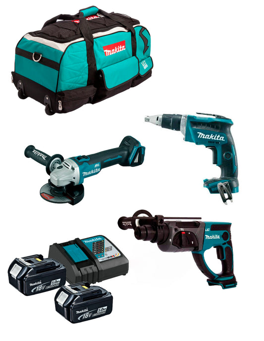 Combo 18V Hamer DHR202 + Schroevendraaier DFS452 + Mini Slijper DGA504 + 2bat + Lader + Tas Makita DLX3190TX1