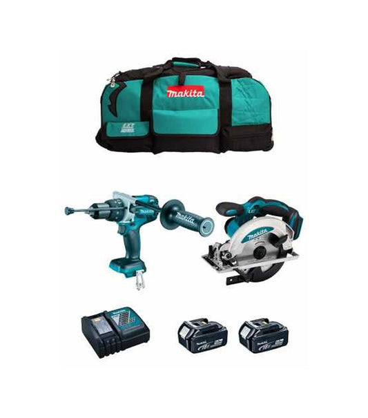 Kit Makita DHP486 hammer drill + DSS610 circular saw + 2bat 5Ah + charger + LXT600 DLX2480BL2 bag