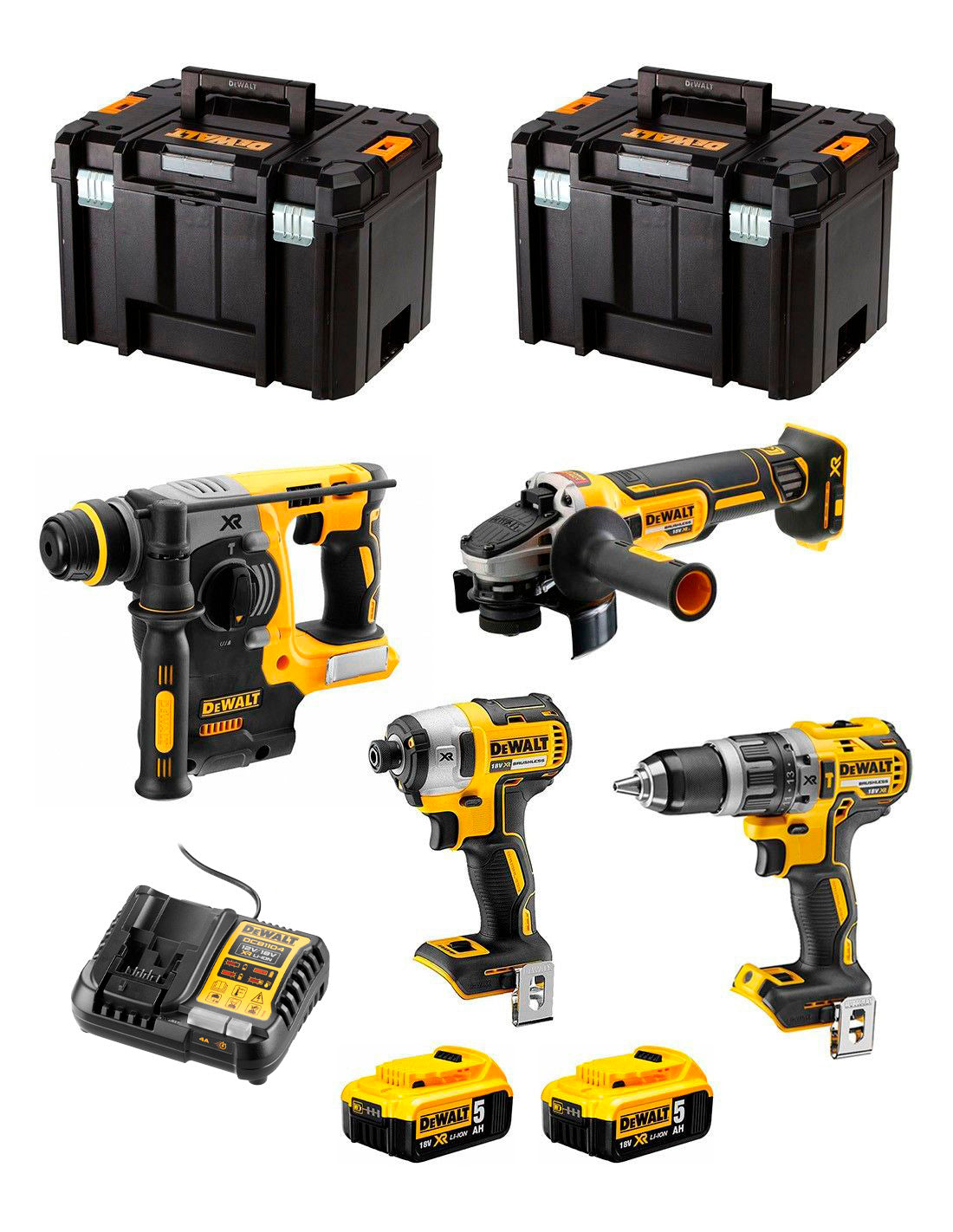 Dewalt Kit met 4 Gereedschap + 2 5Ah accu + lader + 2x TSTAK VI DCK487P2