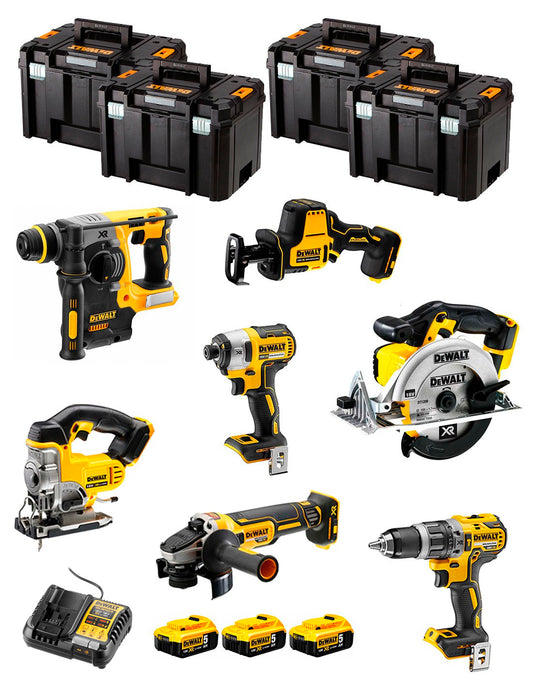 Dewalt Kit 7 gereedschap + 3 bat 5ah + DCB1104 Oplader + 4xTstak VI DCK769P3