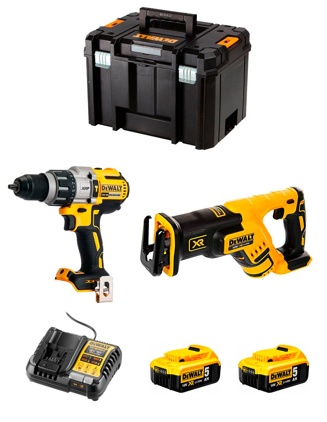 Kit Dewalt Taladro Percutor DCD996 + Sierra Sable DCS367 + 2bat 5Ah + cargador + TSTAK VI DCK267P2