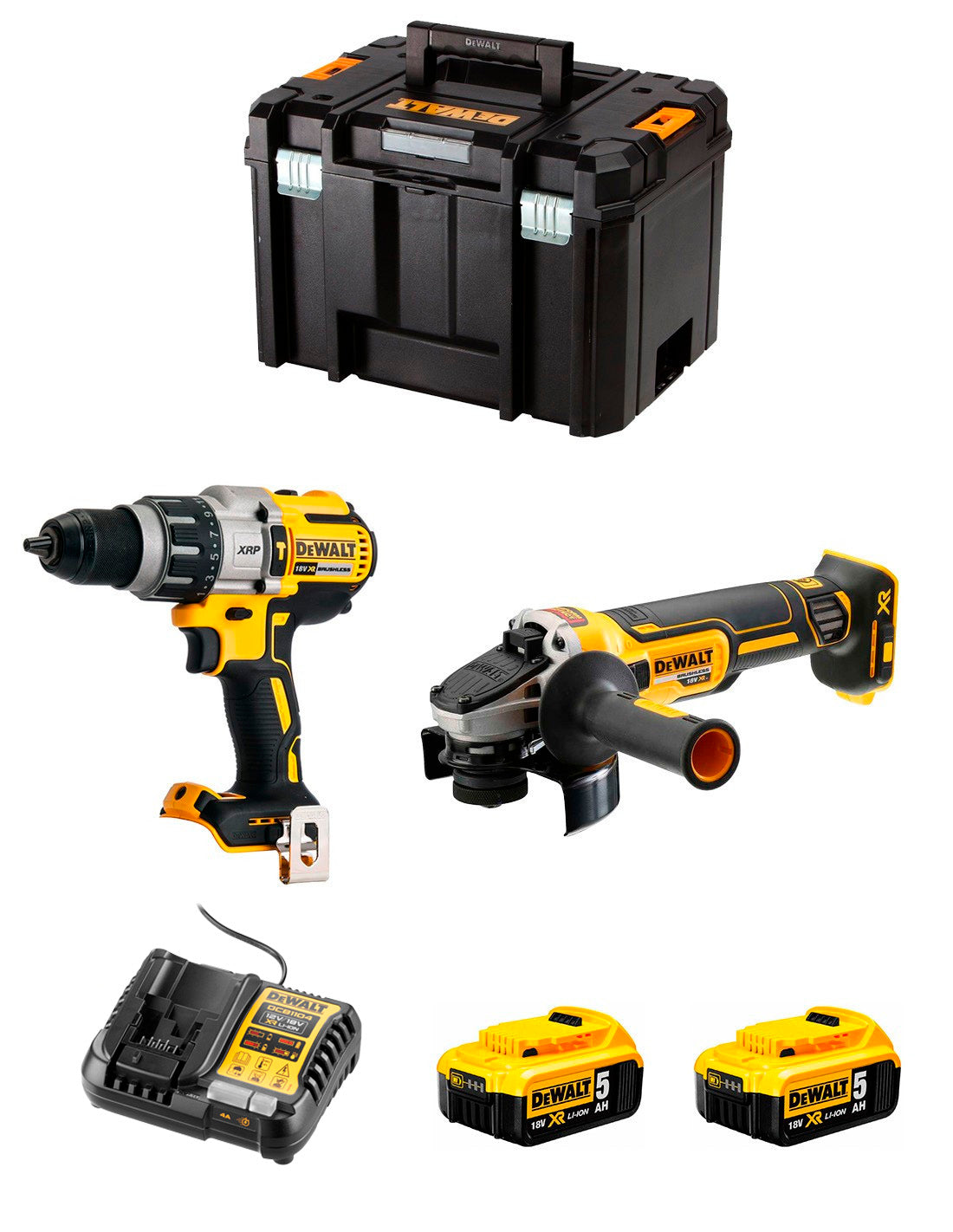 Dewalt Kit DCD996 Boorhamer + DCG405 Minislijper + 2bat 5Ah + lader + TSTAK VI DCK205P2