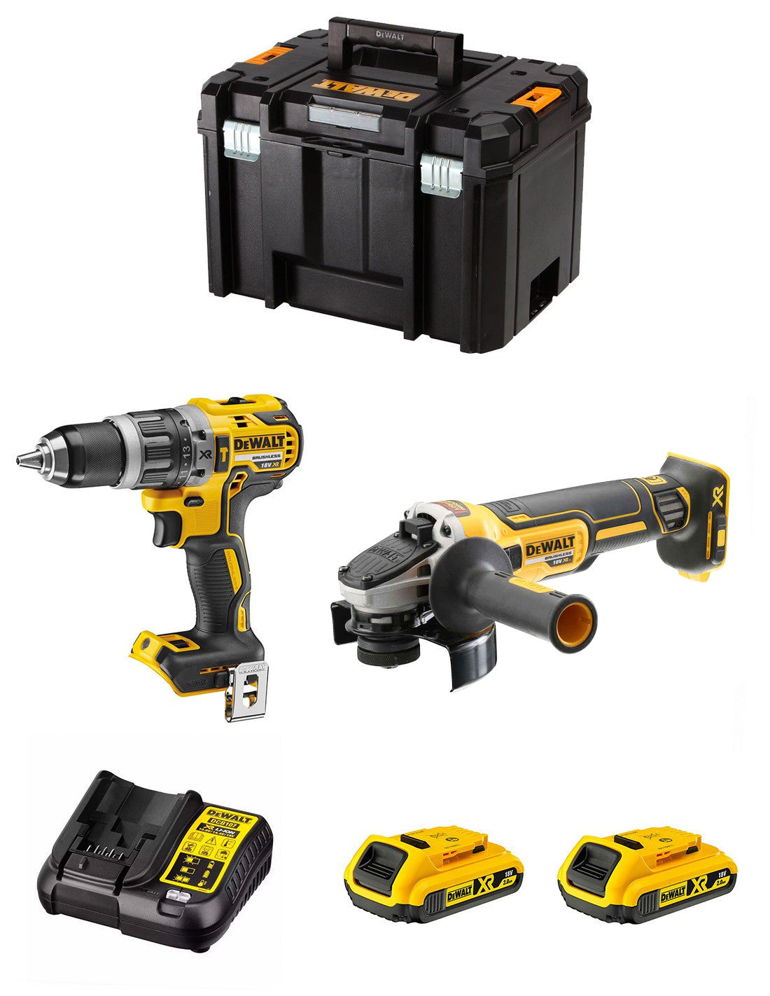 Dewalt Kit DCD796 Hammer Drill + DCG405 Mini-grinder + 2bat 2Ah + Charger + TSTAK VI DCK205D2