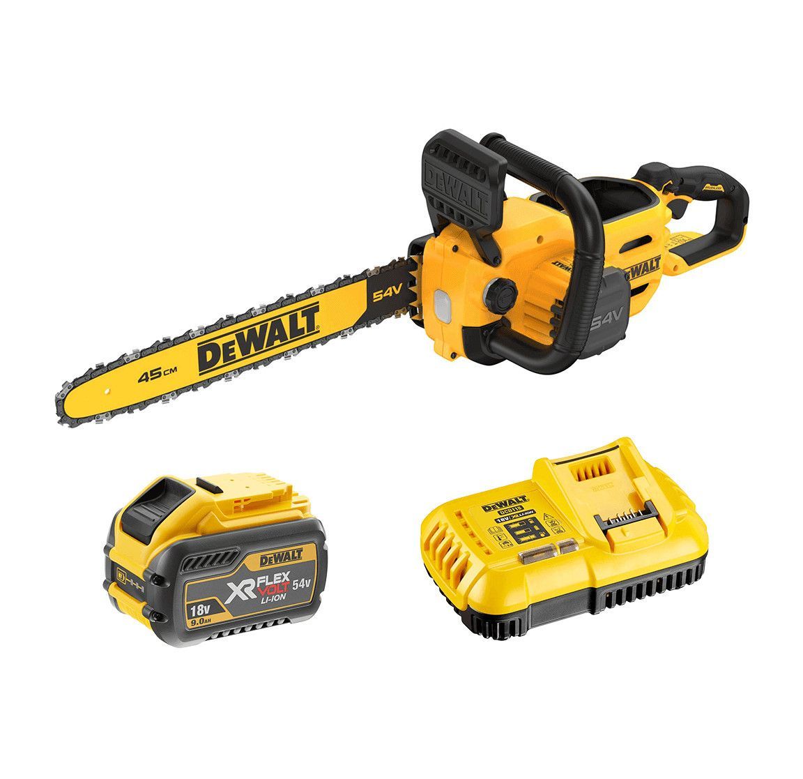 Motosierra 45cm + Bateria Flexvolt 9Ah + cargador Dewalt DCMCS574X1