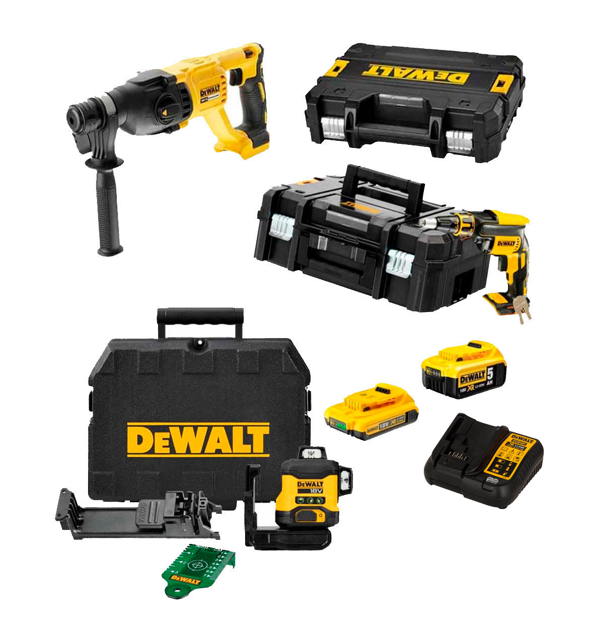 Mega gipspaneelcombinatie: DCF620 schroevendraaier + DCH133 hamer + DCLE34031N waterpas + 2 18V Dewalt-batterijen