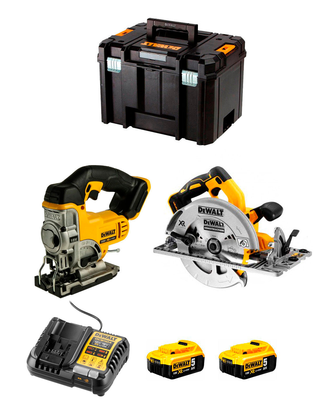 Kit Dewalt Sierra Circular DCS572 + Sierra de Calar DCS331 + 2bat 5Ah + Cargador + TSTAK DCK270P2