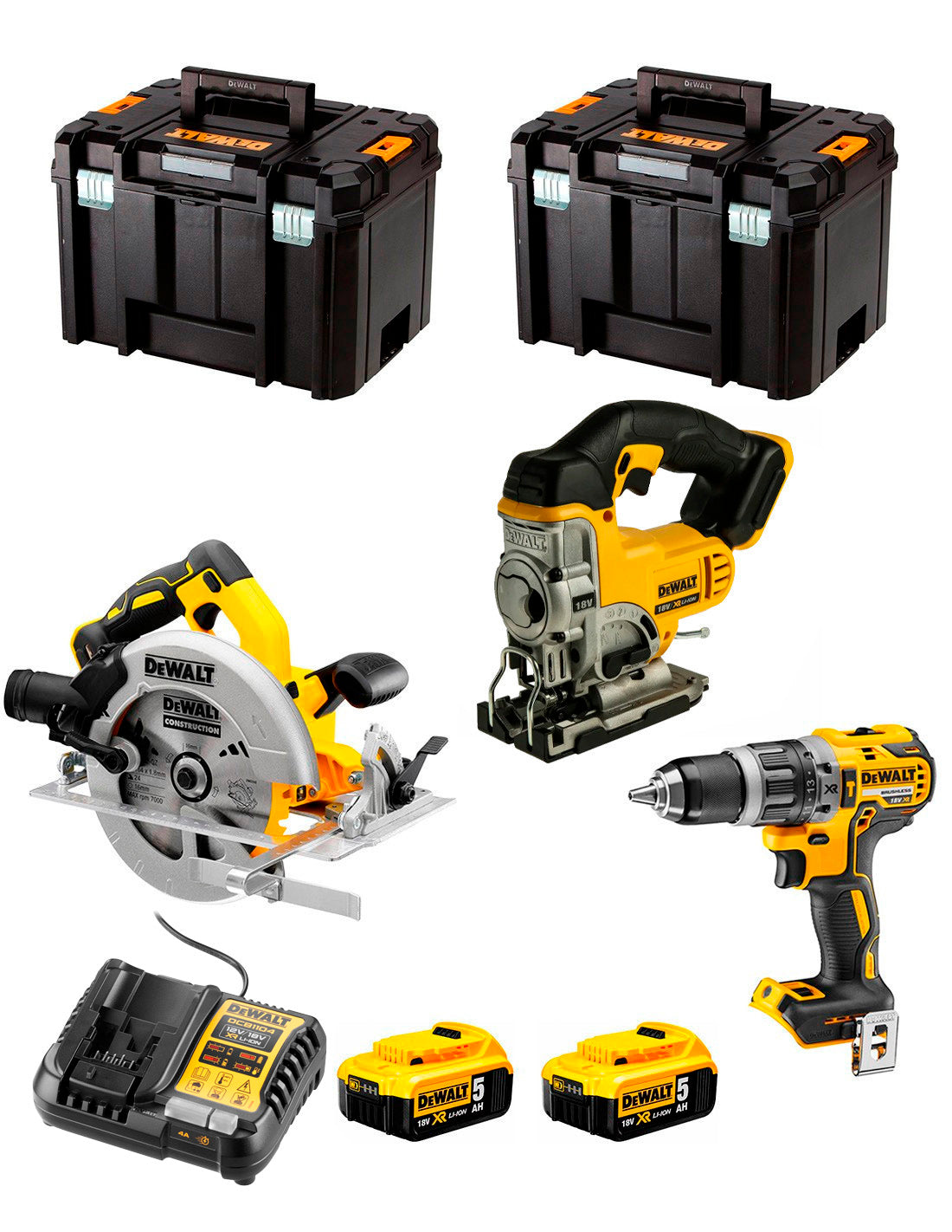 Dewalt Kit DCD796 Boorhamer + DCS334 Decoupeerzaag + DCS572 Cirkelzaag + 2bat 5Ah + Oplader + 2xTSTAK VI DCK370P2