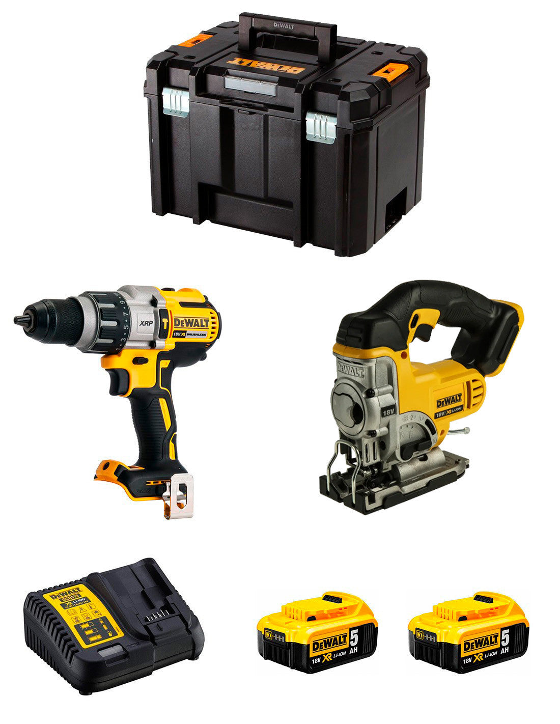 Dewalt Kit DCD996 Hammer Drill + DCS331 Jigsaw + 2bat 5Ah + Charger + TSTAK VI DCK234P2