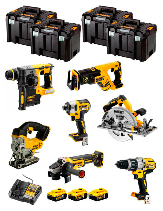 Dewalt Kit 7 gereedschap + 3 bat 5ah + DCB1104 Oplader + 4xTstak VI Kit DCK767P3