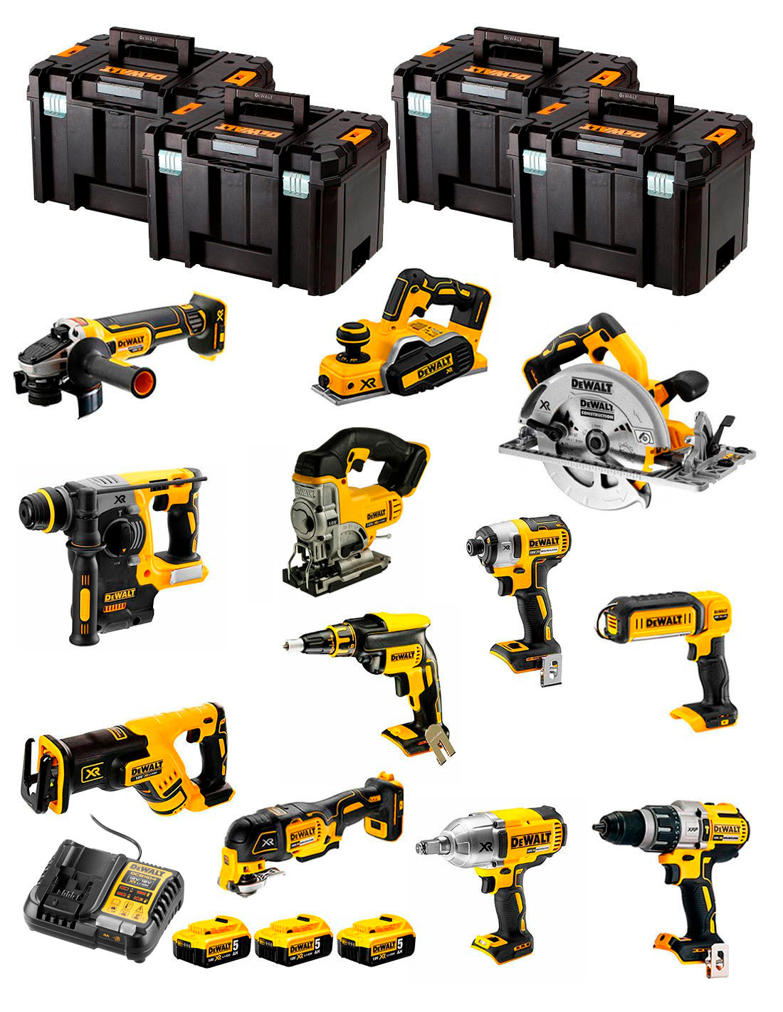 Dewalt Kit 12 gereedschappen + 3bat 5Ah + DCB1104 Oplader + 4xTSTAK DCK127P3