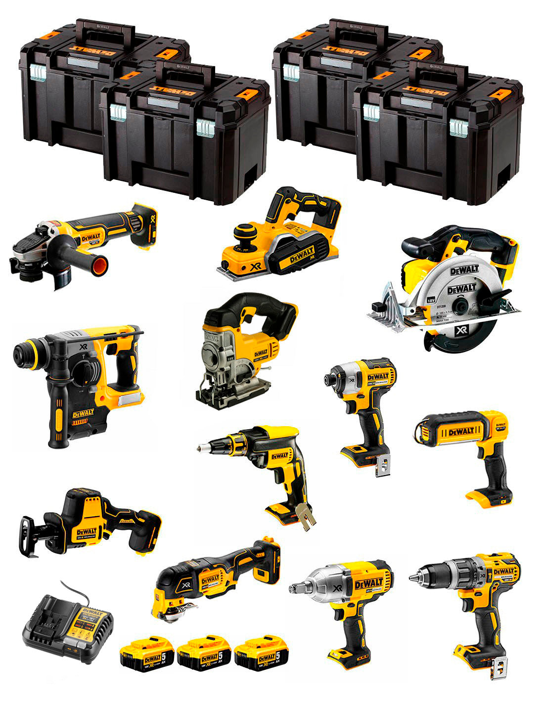 Dewalt Kit 12 gereedschappen + 3bat 5Ah + DCB1104 Oplader + 4xTSTAK DCK129P3