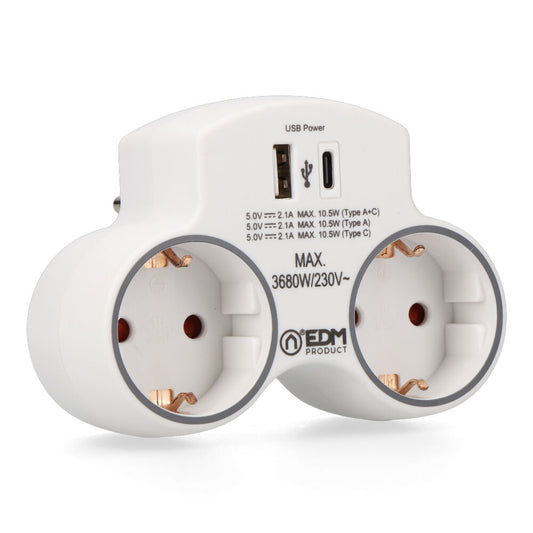 EDM-adapter met 2 stopcontacten 2P+T SCHUKO en 2 USB-poorten (A + C)