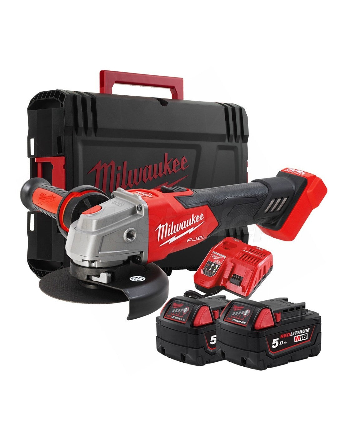 M18 haakse slijper van 125 mm met rem en drukknopschakelaar + 2 accu’s van 5 Ah + lader + Milwaukee-koffer M18 FSAG125XB-502X