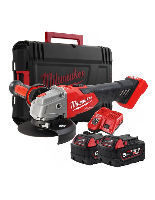 M18 haakse slijper van 125 mm met rem en drukknopschakelaar + 2 accu’s van 5 Ah + lader + Milwaukee-koffer M18 FSAG125XB-502X