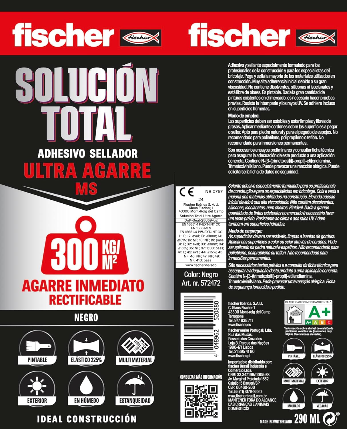 Cartucho Adhesivo Sellador Fischer Solucion Total Ulta Agarre MS 290ml