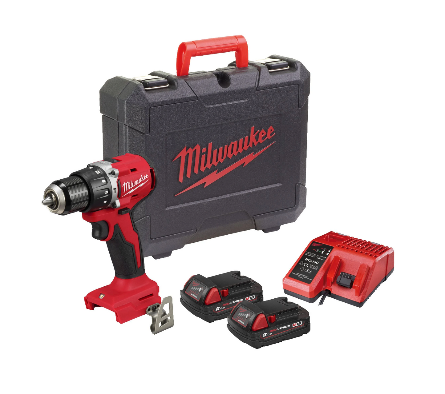 Compacte Hamerboor M18 + 2 Accu's 2Ah + Lader + Koffer Milwaukee M18 BLPDRC-202C