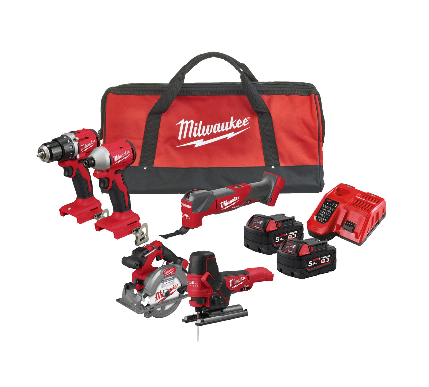 Powerpack 5 gereedschappen + 2 accu's 5 Ah + oplader + tas Milwaukee M18 BLCPP5A-502B