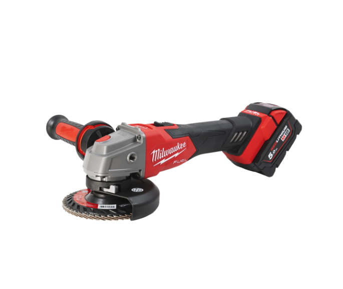 M18 haakse slijper van 125 mm met rem en drukknopschakelaar + 2 accu’s van 5 Ah + lader + Milwaukee-koffer M18 FSAG125XB-502X
