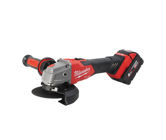 M18 haakse slijper van 125 mm met rem en drukknopschakelaar + 2 accu’s van 5 Ah + lader + Milwaukee-koffer M18 FSAG125XB-502X