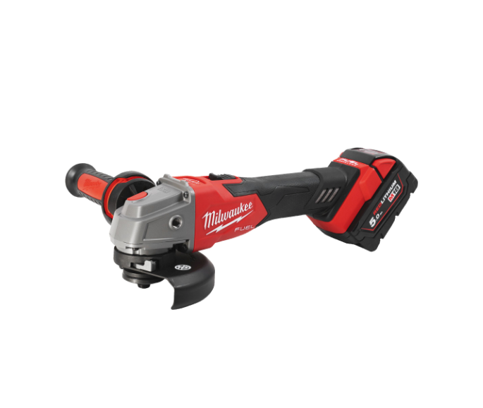 M18 haakse slijper van 125 mm met rem en drukknopschakelaar + 2 accu’s van 5 Ah + lader + Milwaukee-koffer M18 FSAG125XB-502X