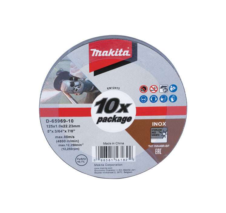 Doos met 10 Makita D-65969-10 125mm roestvrijstalen doorslijpschijven