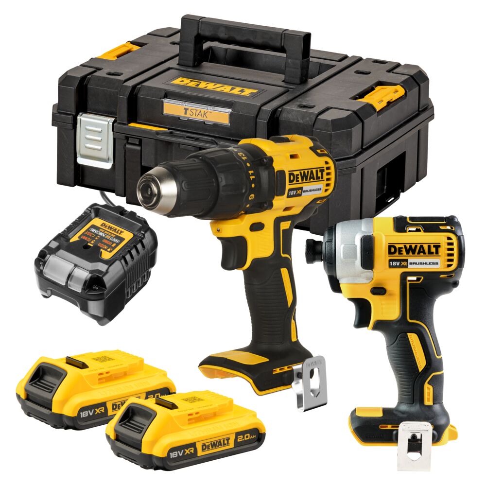 Boorset: schroefboormachine DCD777 + slagschroevendraaier DCF787 XR 18V + 2 accu’s van 2 Ah + oplader + koffer Dewalt DCK2059D2T