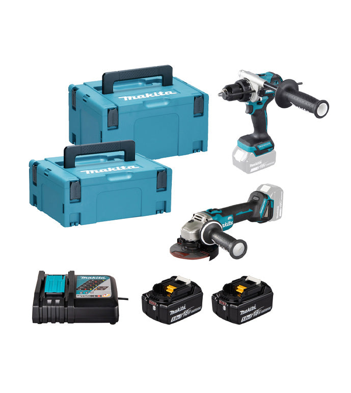 Combo 18V Boormachine DHP492 + Slijpmachine DGA504 + 2 accu's 5Ah + Oplader + Koffers Makita DLX2552TJ