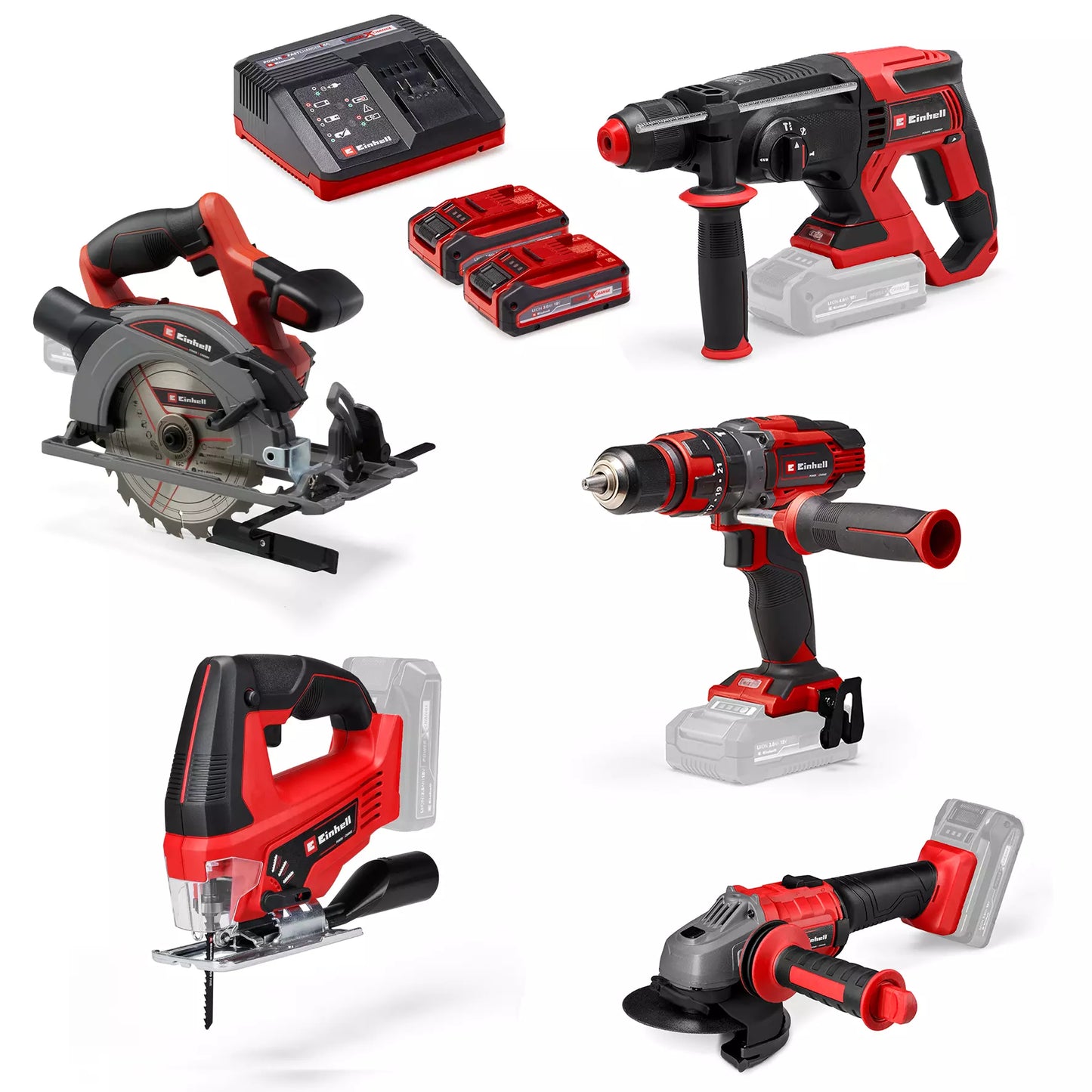 Set van 5 elektrisch gereedschap + 2 accu's + oplader TE-TK 18/5 +2 (CD+CS+WS+JS+HD) Einhell