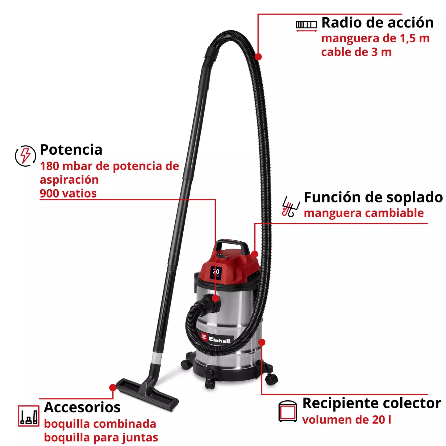 Wet & Dry Vacuum Cleaner 20L 900W Einhell TC-VC 2045 S