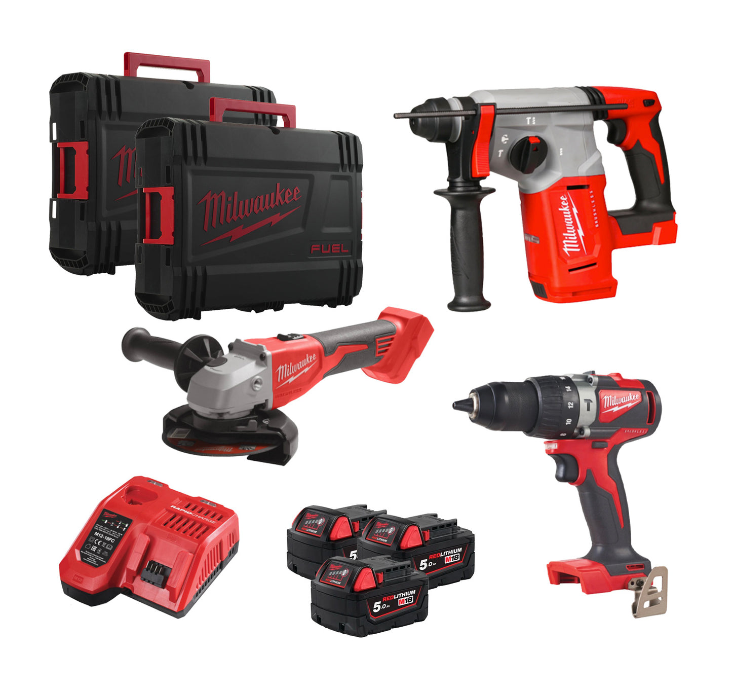 Powerpack 3 gereedschappen + 3 accu’s van 5 Ah + lader + koffers Milwaukee M18 FPP3AG-503X