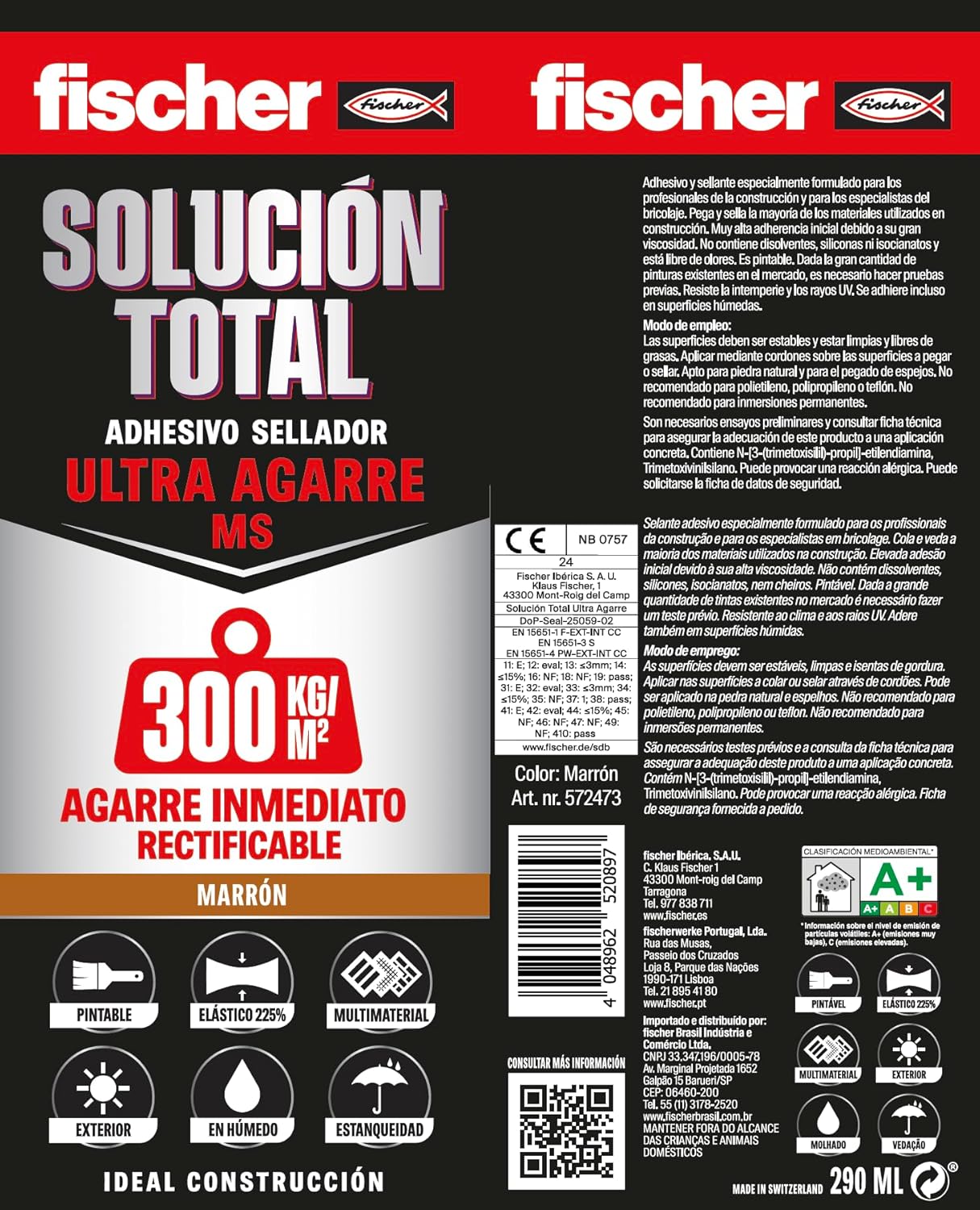 Cartucho Adhesivo Sellador Fischer Solucion Total Ulta Agarre MS 290ml