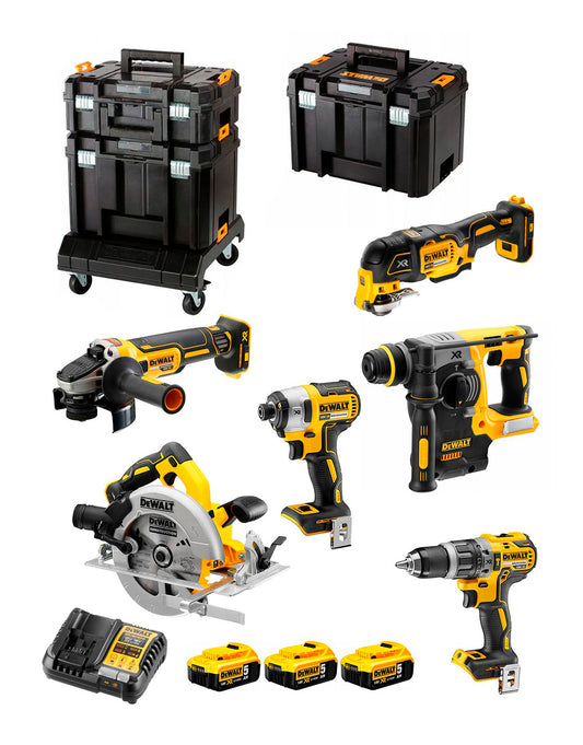 Set van 6 gereedschappen 18 V + 3 accu's van 5 Ah + oplader + koffers + Tstak basis Dewalt DCK685P3T