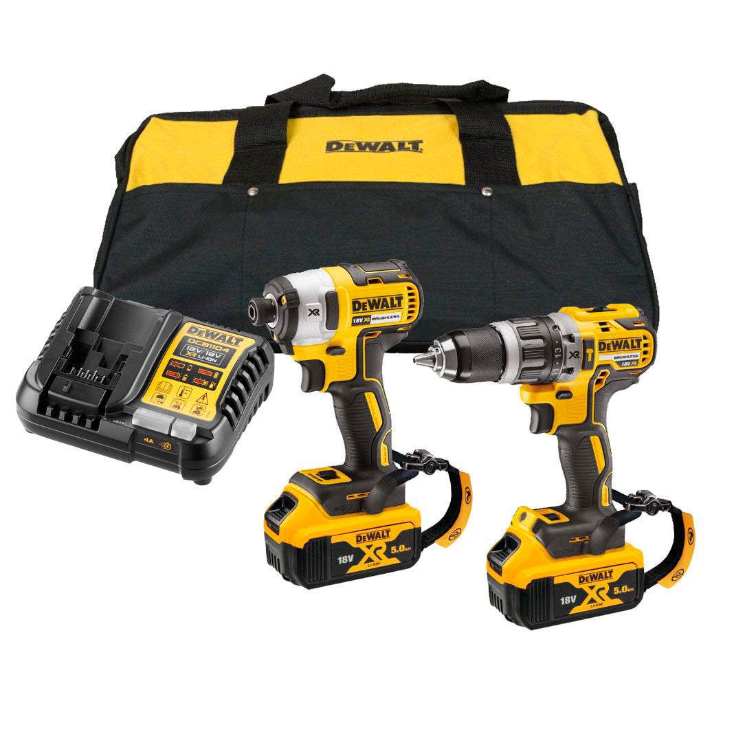 Set Klopboormachine + Slagschroefmachine + 2Bat 18V 5Ah + Lader + GereedschapshoudersDewalt DCK266P2LR 18V XR BL LANYARD READY KIT