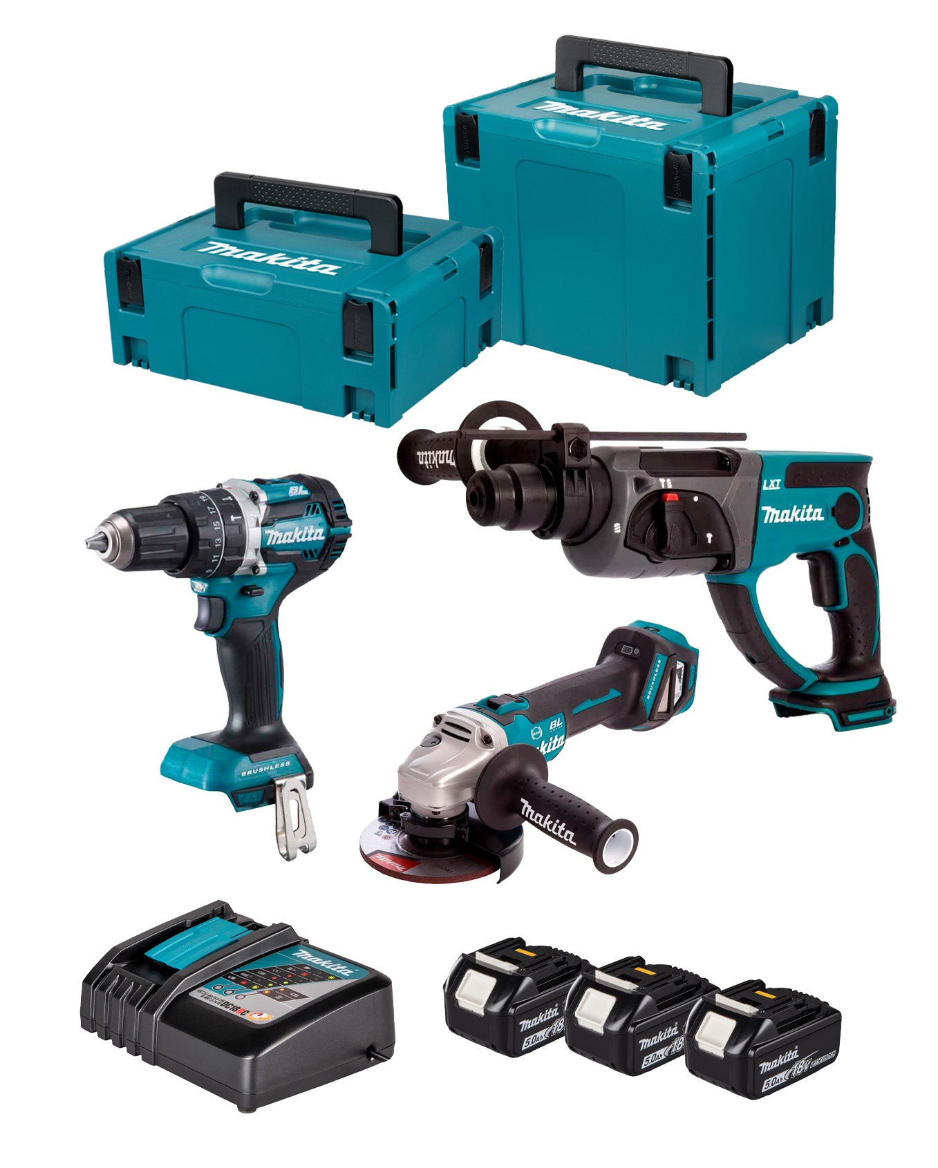 Makita DLX3093TJ 18V combiset: Boormachine DHP4984 + Slijpmachine DGA513 + Klophamer DHR202 + 3 x 5Ah accu's + Oplader + Draagtas