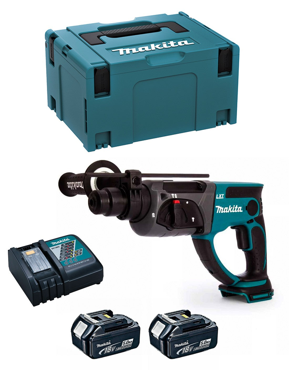 Lichte hamer 18V 2J met 2 batterijen + Oplader + Koffer Makita DHR202RTJ