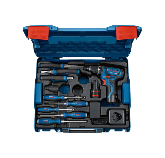 Bosch Pro-set met de GSR 12V-15-schroevendraaier en handgereedschap
